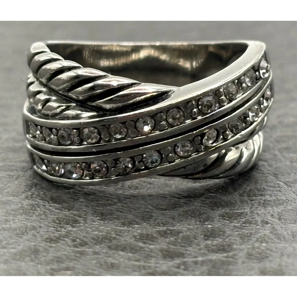 Woven Silver Plated Cubic Zirconia CZ Twisted Cocktail X Band Ring Sz 7